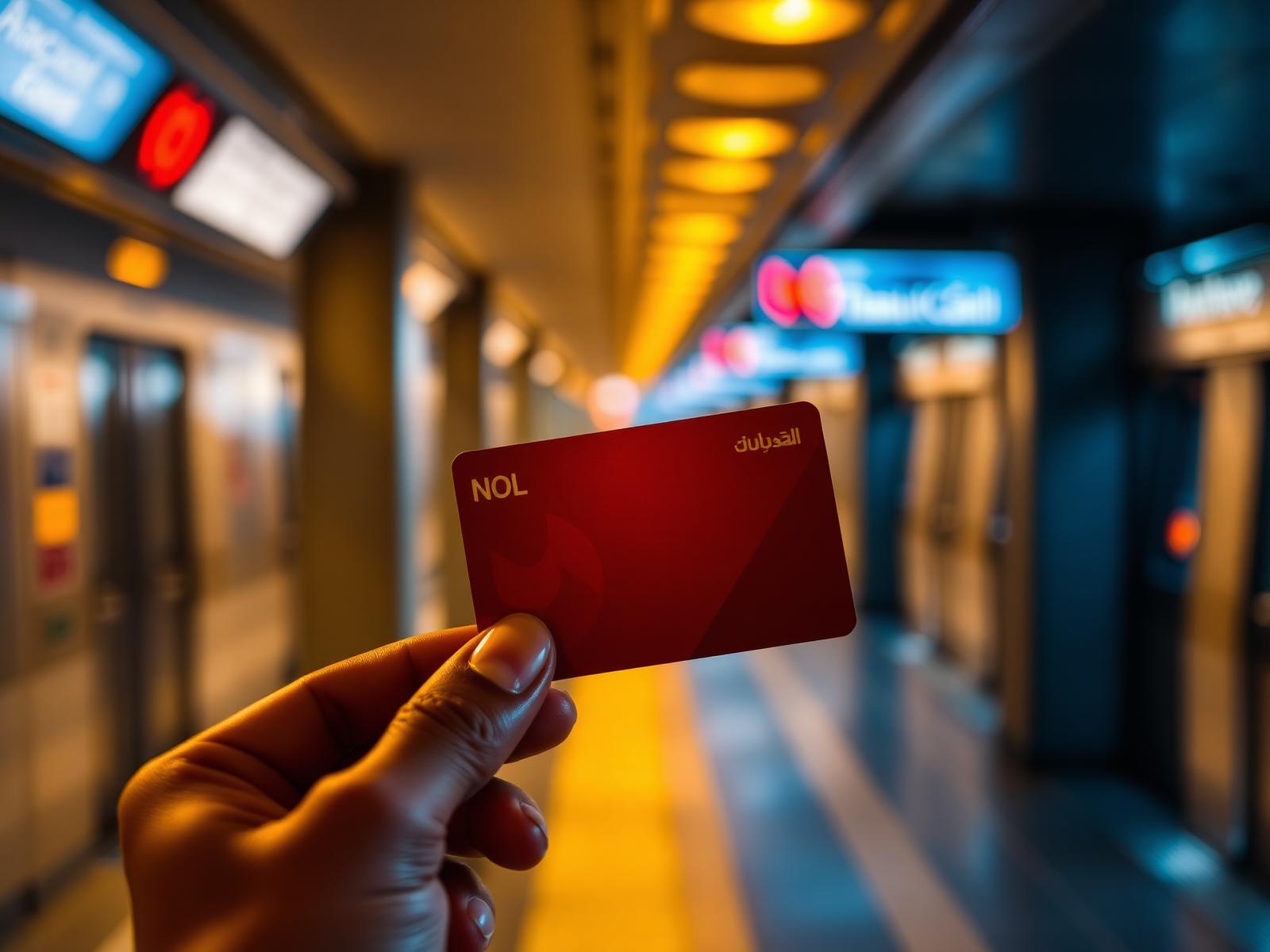 Hand holding a red Dubai Nol card at a metro station
